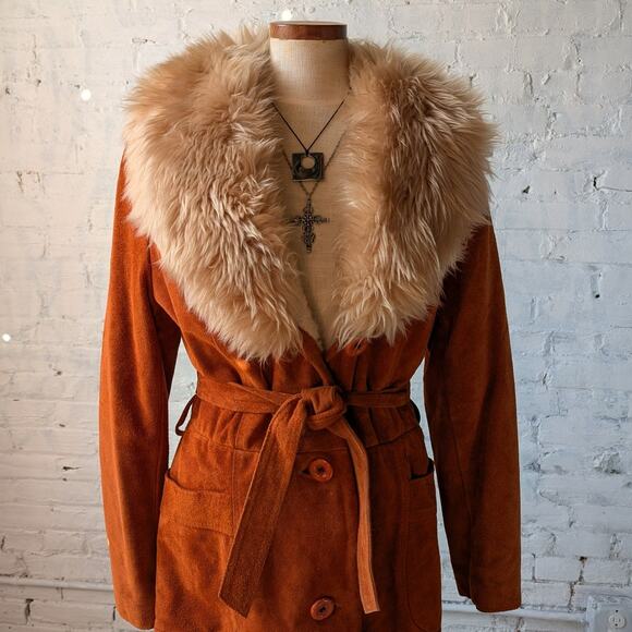 Vintage Orange Suede Penny Lane Jacket Leather Trench Coat Faux Fur Coat Large - Picture 2 of 11